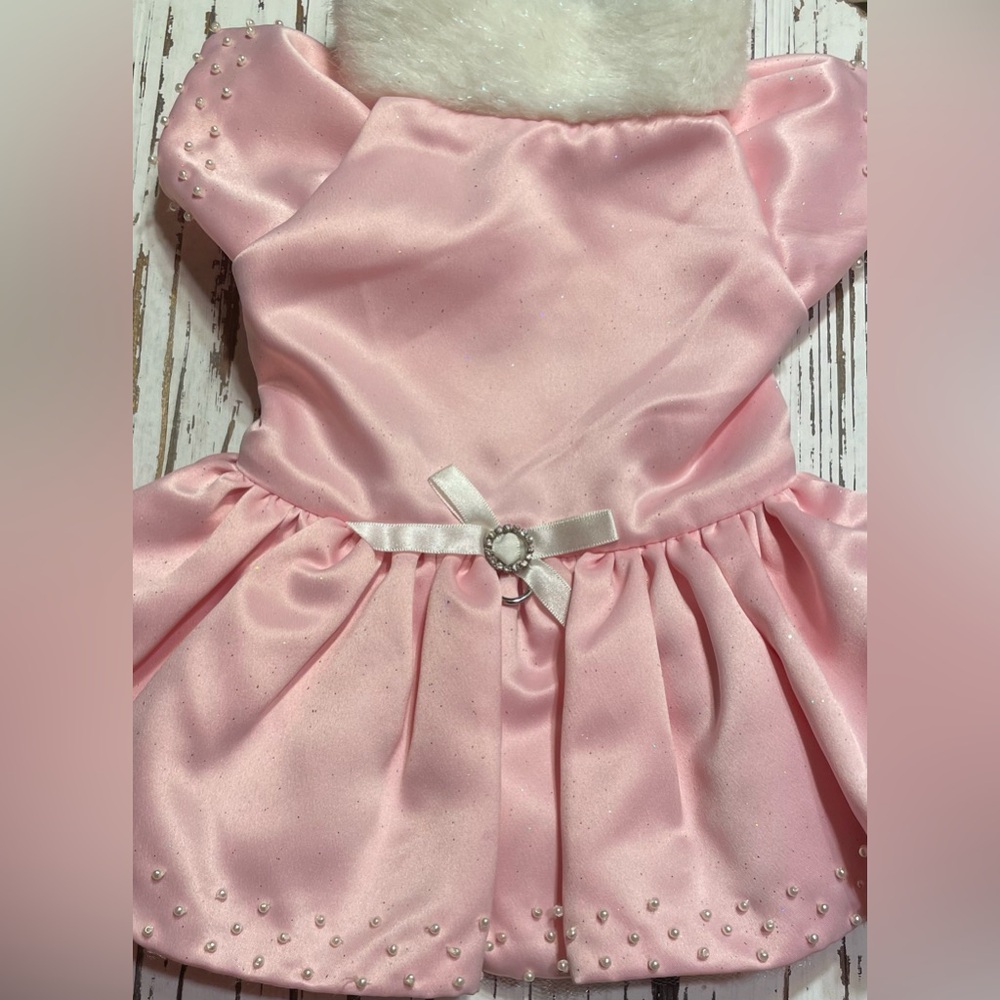 Pink Satin Dog Dress with Pearl Accents and Fur Collar
Medium